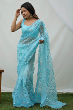 Admyrin Sky Blue Organza Sequence Work Embroidered Party Wear Saree with Blouse Piece