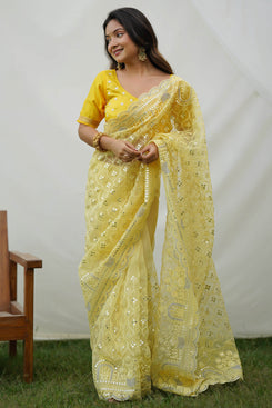 Admyrin Yellow Organza Sequence Work Embroidered Party Wear Saree with Blouse Piece