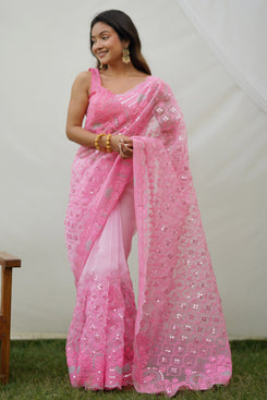 Admyrin Pink Organza Sequence Work Embroidered Party Wear Saree with Blouse Piece