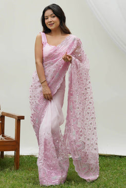 Admyrin Light Pink Organza Sequence Work Embroidered Party Wear Saree with Blouse Piece