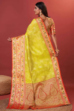 Admyrin Yellow Pure Lichi Silk Zari Weaving Function Wear Saree with Blouse Piece