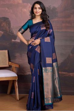 Admyrin Navy Blue Silk Traditional Party Wear Jacquard Work Saree with Blouse Piece