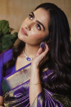 Admyrin Purple Silk Traditional Party Wear Jacquard Work Saree with Blouse Piece