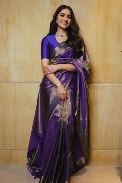 Admyrin Purple Silk Traditional Party Wear Jacquard Work Saree with Blouse Piece