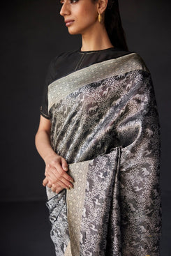 Admyrin Grey Silk Traditional Party Wear Jacquard Work Saree with Blouse Piece