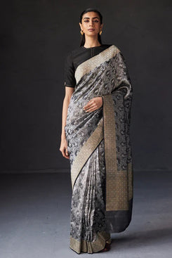 Admyrin Grey Silk Traditional Party Wear Jacquard Work Saree with Blouse Piece