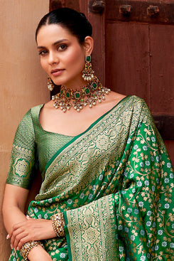 Admyrin Green Silk Traditional Party Wear Jacquard Work Saree with Blouse Piece