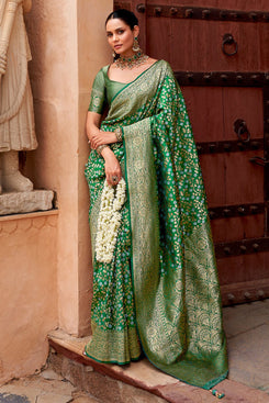 Admyrin Green Silk Traditional Party Wear Jacquard Work Saree with Blouse Piece