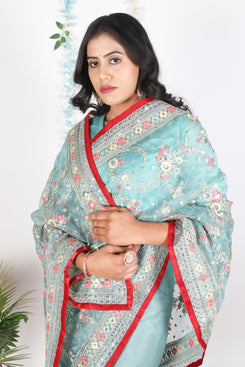 Admyrin Sky Blue Tissue Organza Designer Party Wear Saree with Blouse Piece