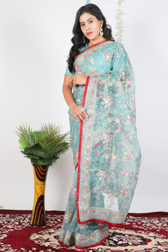 Admyrin Sky Blue Tissue Organza Designer Party Wear Saree with Blouse Piece