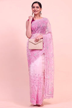 Admyrin Pink Khadi Organza Designer Party Wear Saree with Blouse Piece