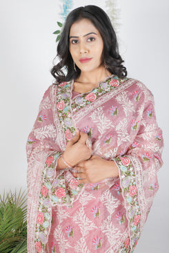 Admyrin Pink Tissue Organza Designer Party Wear Saree with Blouse Piece