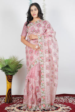 Admyrin Pink Tissue Organza Designer Party Wear Saree with Blouse Piece