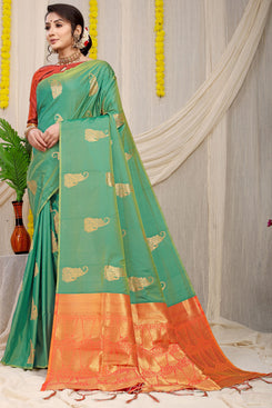 Admyrin Mint Banarasi Silk Woven Festival Wear Saree with Blouse Piece