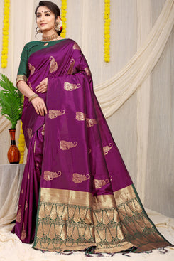 Admyrin Purple Banarasi Silk Woven Festival Wear Saree with Blouse Piece