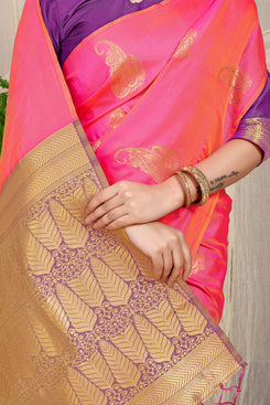Admyrin Pink Banarasi Silk Woven Festival Wear Saree with Blouse Piece