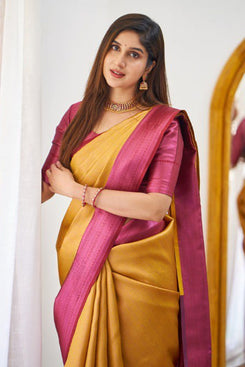 Admyrin Mustard Designer Heavy Banarasi Soft Silk Saree with Silk Blouse Piece