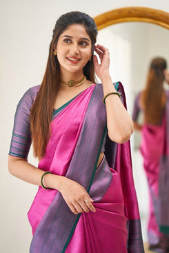 Admyrin Rani Pink Designer Heavy Banarasi Soft Silk Saree with Silk Blouse Piece