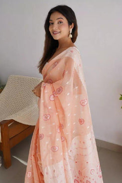 Admyrin Peach Cotton Traditional Function Wear Saree with Blouse Piece
