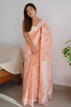 Admyrin Peach Cotton Traditional Function Wear Saree with Blouse Piece