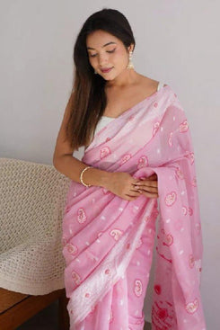 Admyrin Light Pink Cotton Traditional Function Wear Saree with Blouse Piece