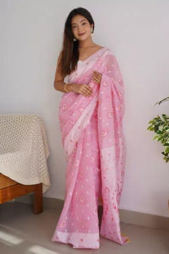 Admyrin Light Pink Cotton Traditional Function Wear Saree with Blouse Piece