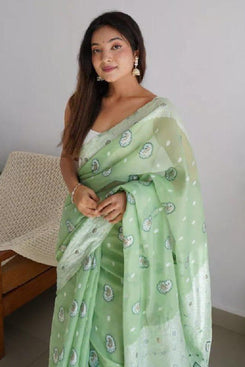 Admyrin Pista Green Cotton Traditional Function Wear Saree with Blouse Piece