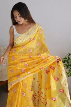 Admyrin Yellow Cotton Traditional Function Wear Saree with Blouse Piece