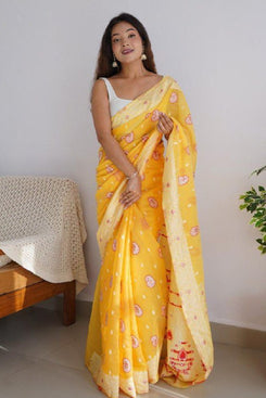 Admyrin Yellow Cotton Traditional Function Wear Saree with Blouse Piece