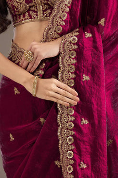 Admyrin Burgundy Frendy Satin Silk Zari Dori Embroidery Work Heavy Saree with Blouse Piece
