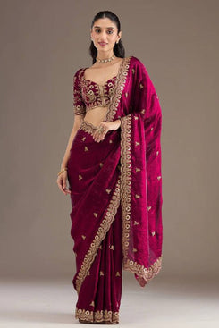 Admyrin Burgundy Frendy Satin Silk Zari Dori Embroidery Work Heavy Saree with Blouse Piece
