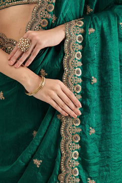 Admyrin Green Frendy Satin Silk Zari Dori Embroidery Work Heavy Saree with Blouse Piece
