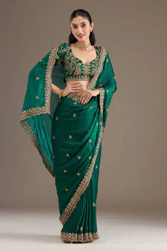 Admyrin Green Frendy Satin Silk Zari Dori Embroidery Work Heavy Saree with Blouse Piece