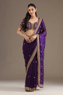 Admyrin Purple Frendy Satin Silk Zari Dori Embroidery Work Heavy Saree with Blouse Piece