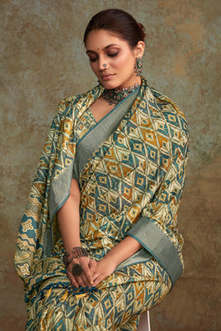 Admyrin Multi Colour Heavy Pure Handloom Printed Designer Party Wear Saree with Blouse Piece