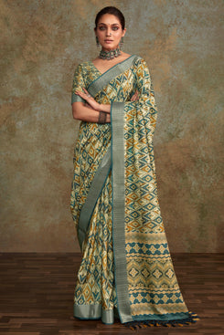 Admyrin Multi Colour Heavy Pure Handloom Printed Designer Party Wear Saree with Blouse Piece