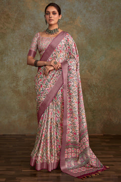 Admyrin Multi Colour Heavy Pure Handloom Printed Designer Party Wear Saree with Blouse Piece