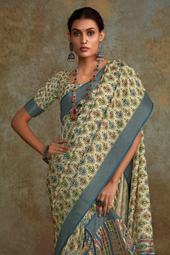 Admyrin Multi Colour Heavy Pure Handloom Printed Designer Party Wear Saree with Blouse Piece