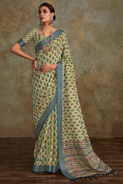 Admyrin Multi Colour Heavy Pure Handloom Printed Designer Party Wear Saree with Blouse Piece