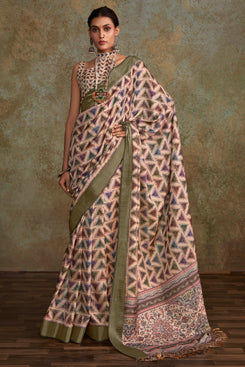 Admyrin Multi Colour Heavy Pure Handloom Printed Designer Party Wear Saree with Blouse Piece