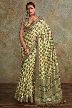 Admyrin Multi Colour Heavy Pure Handloom Printed Designer Party Wear Saree with Blouse Piece