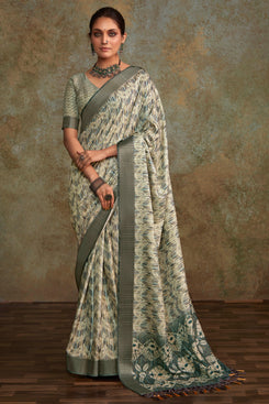 Admyrin Multi Colour Heavy Pure Handloom Printed Designer Party Wear Saree with Blouse Piece