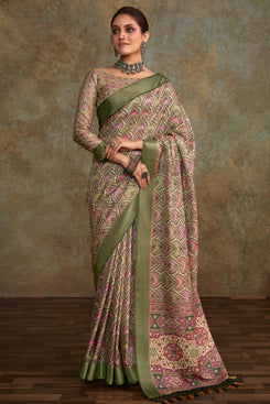 Admyrin Multi Colour Heavy Pure Handloom Printed Designer Party Wear Saree with Blouse Piece