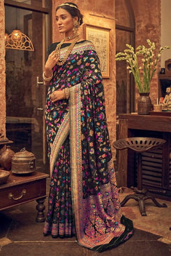 Admyrin Black Banarasi Soft Silk Thread Zari Woven Festival Wear Saree with Blouse Piece