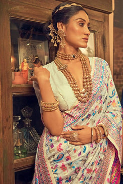 Admyrin Off-white Banarasi Soft Silk Thread Zari Woven Festival Wear Saree with Blouse Piece