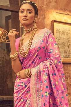 Admyrin Pink Banarasi Soft Silk Thread Zari Woven Festival Wear Saree with Blouse Piece