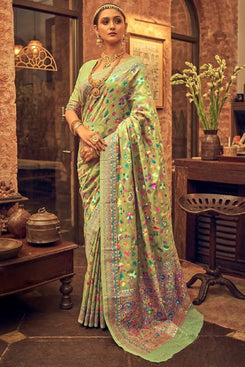 Admyrin Pista Green Banarasi Soft Silk Thread Zari Woven Festival Wear Saree with Blouse Piece