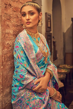 Admyrin Sky Blue Banarasi Soft Silk Thread Zari Woven Festival Wear Saree with Blouse Piece