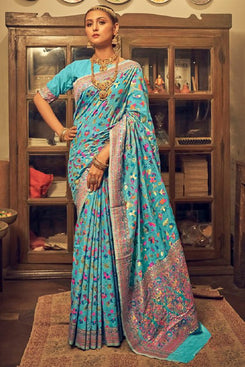 Admyrin Sky Blue Banarasi Soft Silk Thread Zari Woven Festival Wear Saree with Blouse Piece