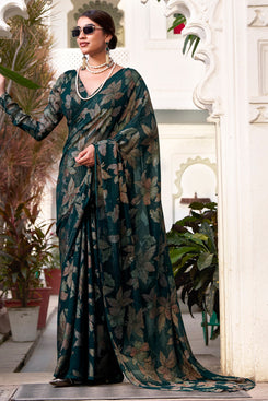 Admyrin Mulit Color Lurex Brasso Flower Pattern Designer Party Wear Saree with Blouse Piece
